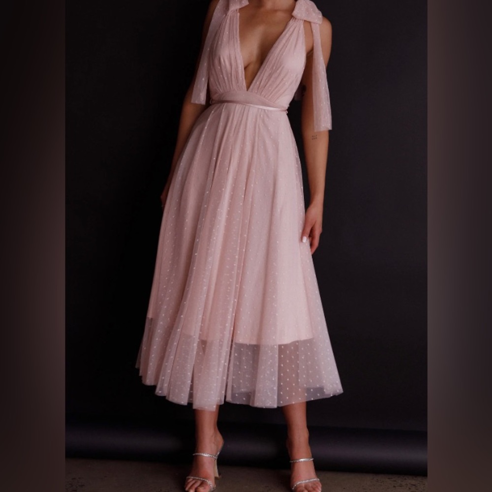 Kathryn Tied Shoulder Mesh Midi Dress